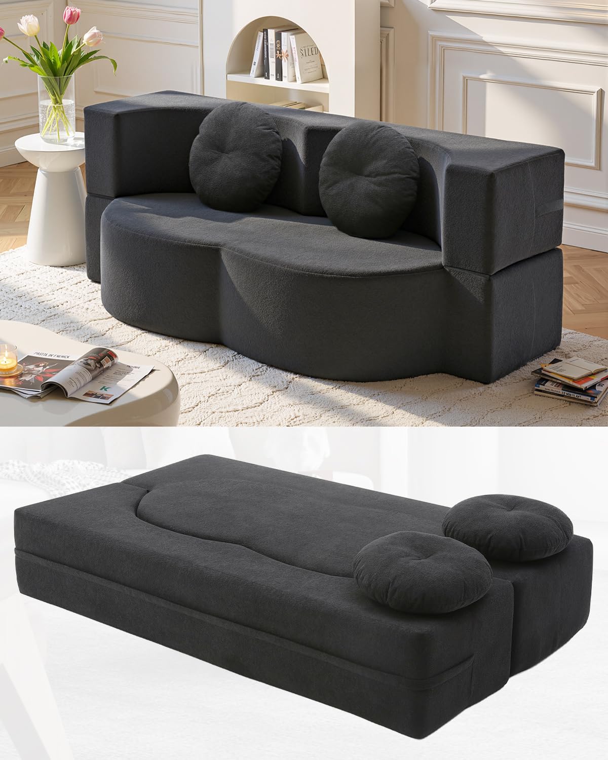 HANXIN Futon Twin Size Sofa Bed, 76 Inch Boneless Couch for Living Room, Floor Loveseat Sleeper with Pull Out Bed, 2-in-1 Folding Convertible Couch Bed for Small Space, Bedroom (Black) HANXIN