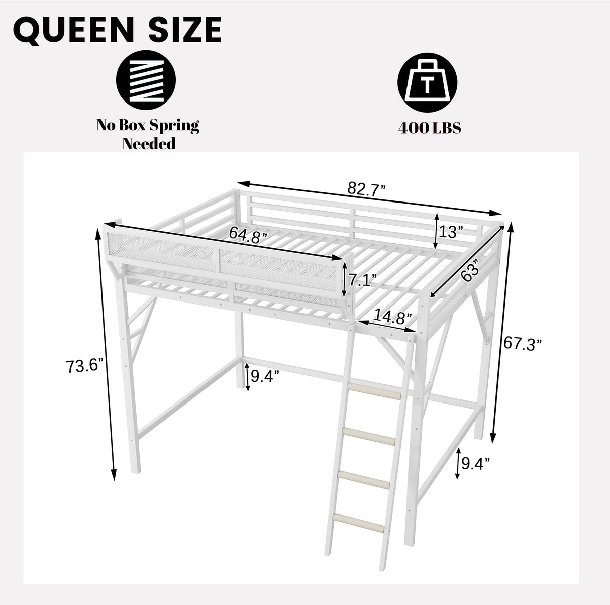 OYUMOENTS Queen Size Loft Bed Frame for Adults, Metal Queen Loft Bed with Storage Shelves & Ladder, Heavy-Duty Beds Frame with Large Under-Bed Space, No Squeaking for Kids Teens Adults, White OYUMOENTS