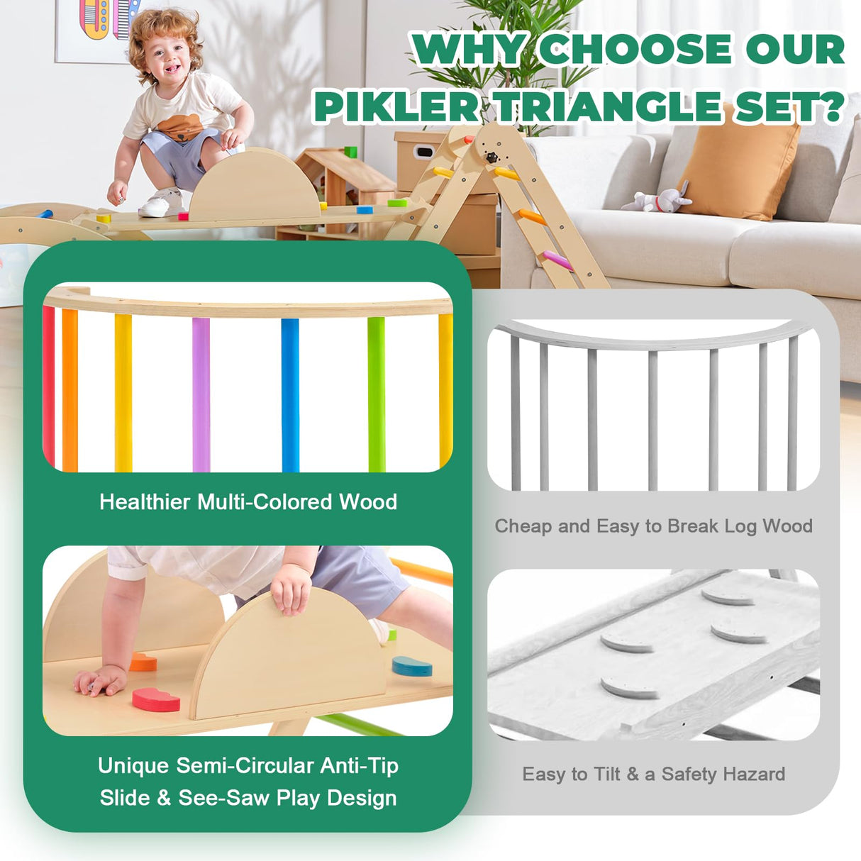 7-in-1 Pikler Triangle Set - Wooden Toddler Climbing Toys, Indoor Playground with Ramp for Sliding or Climbing, Jungle Gyms for Toddlers, Montessori Climbing Set-Medium nigwet