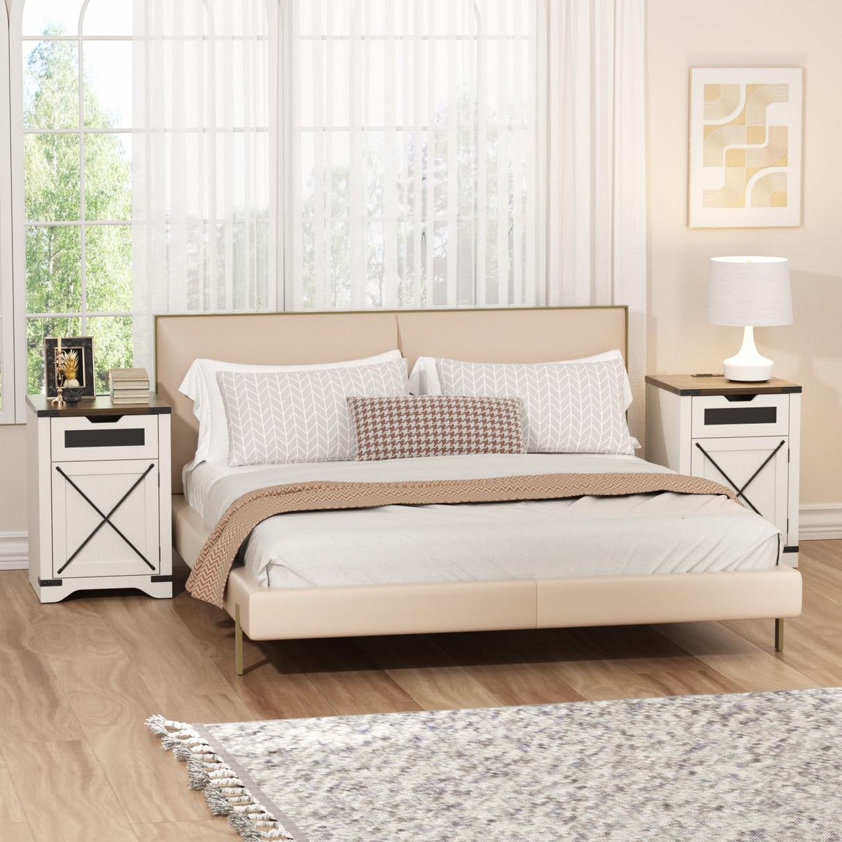 Farmhouse End Table with Charging Station, 26.4" H Side Table with Drawer and X Barn Door, Antique White Country Nightstand Bedside Table, Mid Century Modern Sofa Side Table for Living Room FiveWillowise