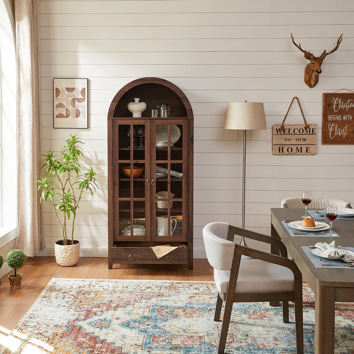 71" Tall Arched Cabinet, Modern Farmhouse Wooden Display Cabinet with Drawer and Glass Doors, 6 Tier Bookshelf w/Adjustable Shelves for Living Room, Office, Walnut WINWY