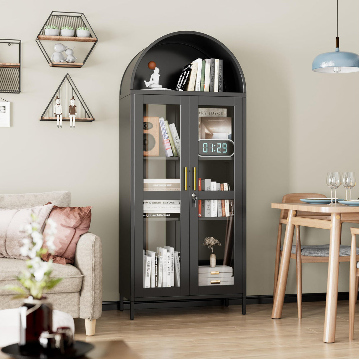 JAORD 73'' H Metal Arched Display Cabinet with Glass Door,Locking Kitchen Pantry Cabinet with Lockable Door and 2 Adjustable Shelves for Home Office, Assembly Required, Black JAORD