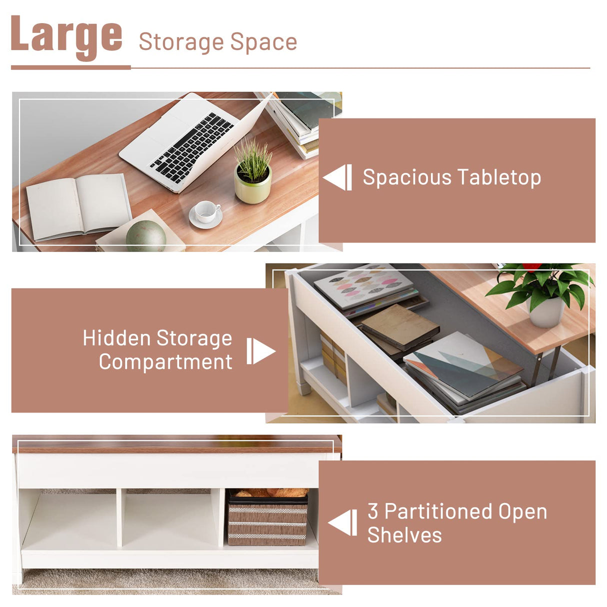 COSTWAY Lift Top Coffee Table, with Hidden Storage Compartment & 3 Open Shelves, Rectangular Cocktail Tea Table with Solid Wood Legs for Living Room Reception Room (White) COSTWAY