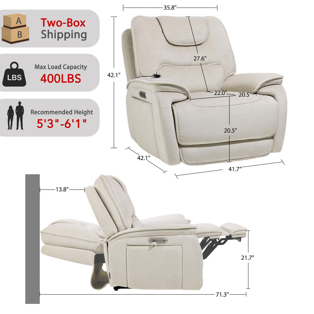 EONIX Triple Motor Lay Flat Zero Gravity Power Recliner Chair with Heat and Massage, Independent Adjustable Backrest Footrest Headrest, 400lbs Heavy Duty Medium Size, Stylish Chenille, Cream White EONIX