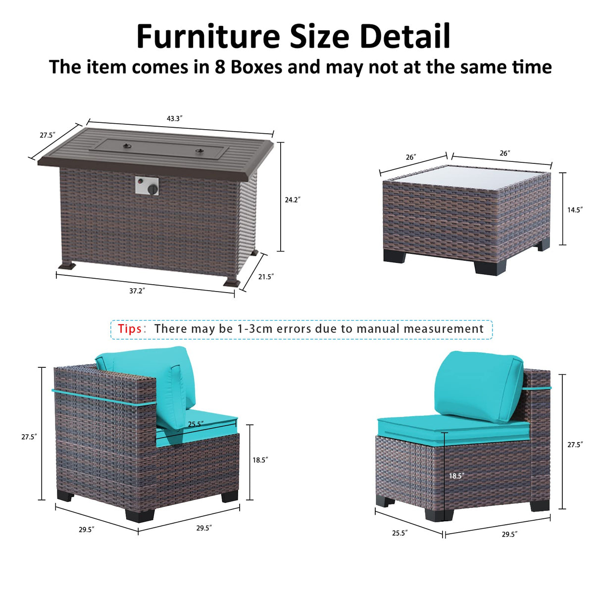 ASJMR Outdoor Patio Furniture Set with Gas Fire Pit Table, 15 Pieces Outdoor Furniture Set Patio Sectional Sofa w/43in Propane Fire Pit, PE Wicker Rattan Patio Conversation Sets (Teal) ASJMR