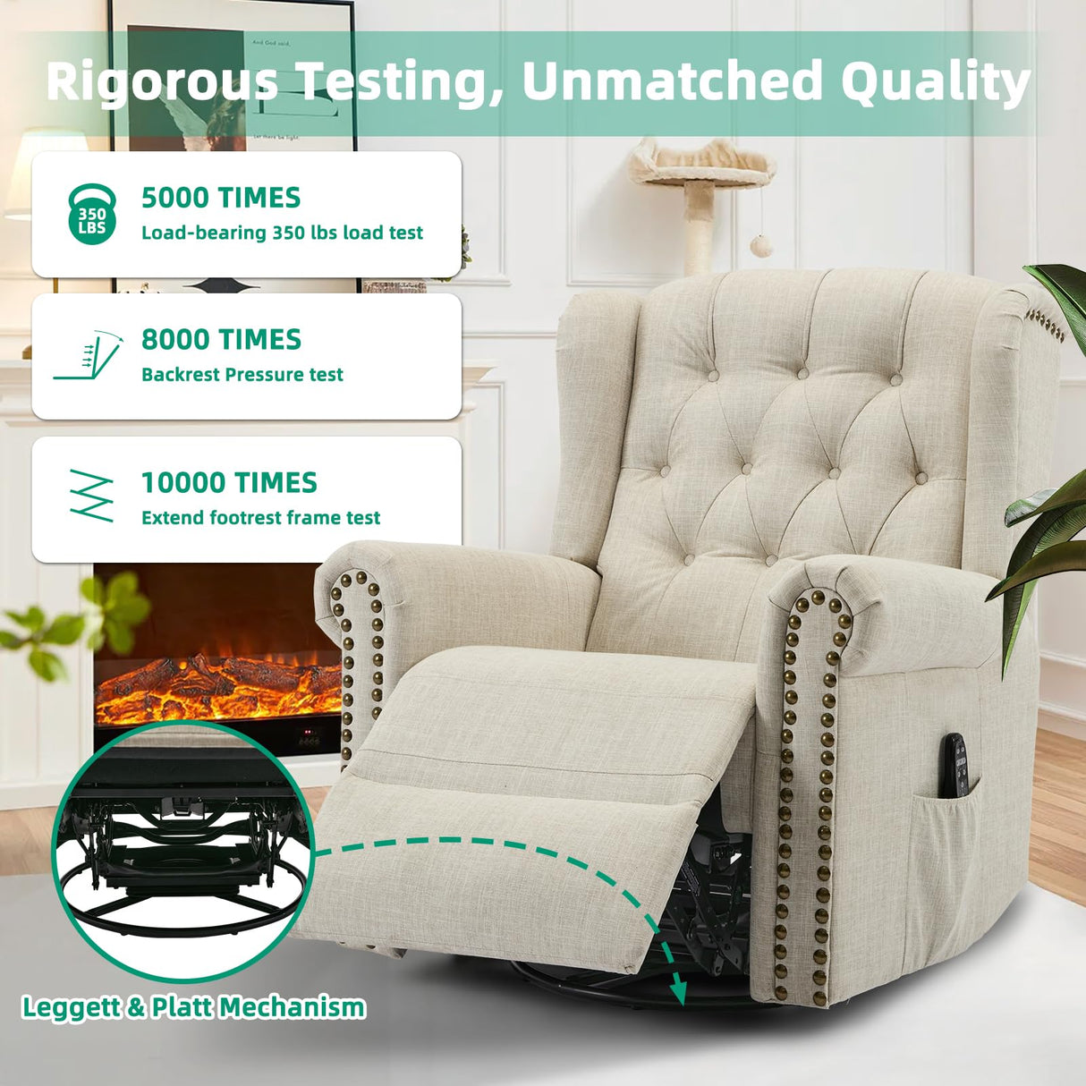 VIVIJASON Power Swivel Rocking Recliner Chair with Massage & Heat, Electric Rocker Nursery Glider Chair, Wingback Tufted Upholstered Recliner W/Type-C & USB Ports for Living Room, Bedroom, Beige VIVIJASON