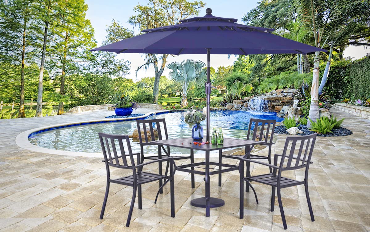 PHI VILLA 5 Piece Outdoor Dining Set with 10ft Umbrella, 37" Square Metal Dining Table & 4 Stacking Metal Chair with 3 Tier Navy Umbrella for Patio, Deck, Yard, Porch PHI VILLA