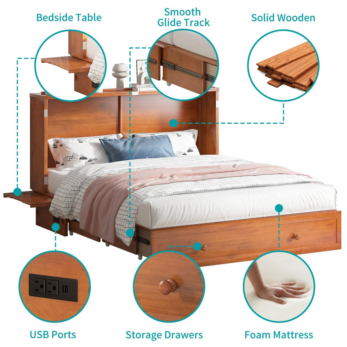 BALUS Queen Murphy Bed with Built-in USB Charging Ports & Bedside Panel, Wood Hidden Wall Beds, Modern Murphy Beds Cabinet Beds for Bedroom/Living Room - Cherry BALUS