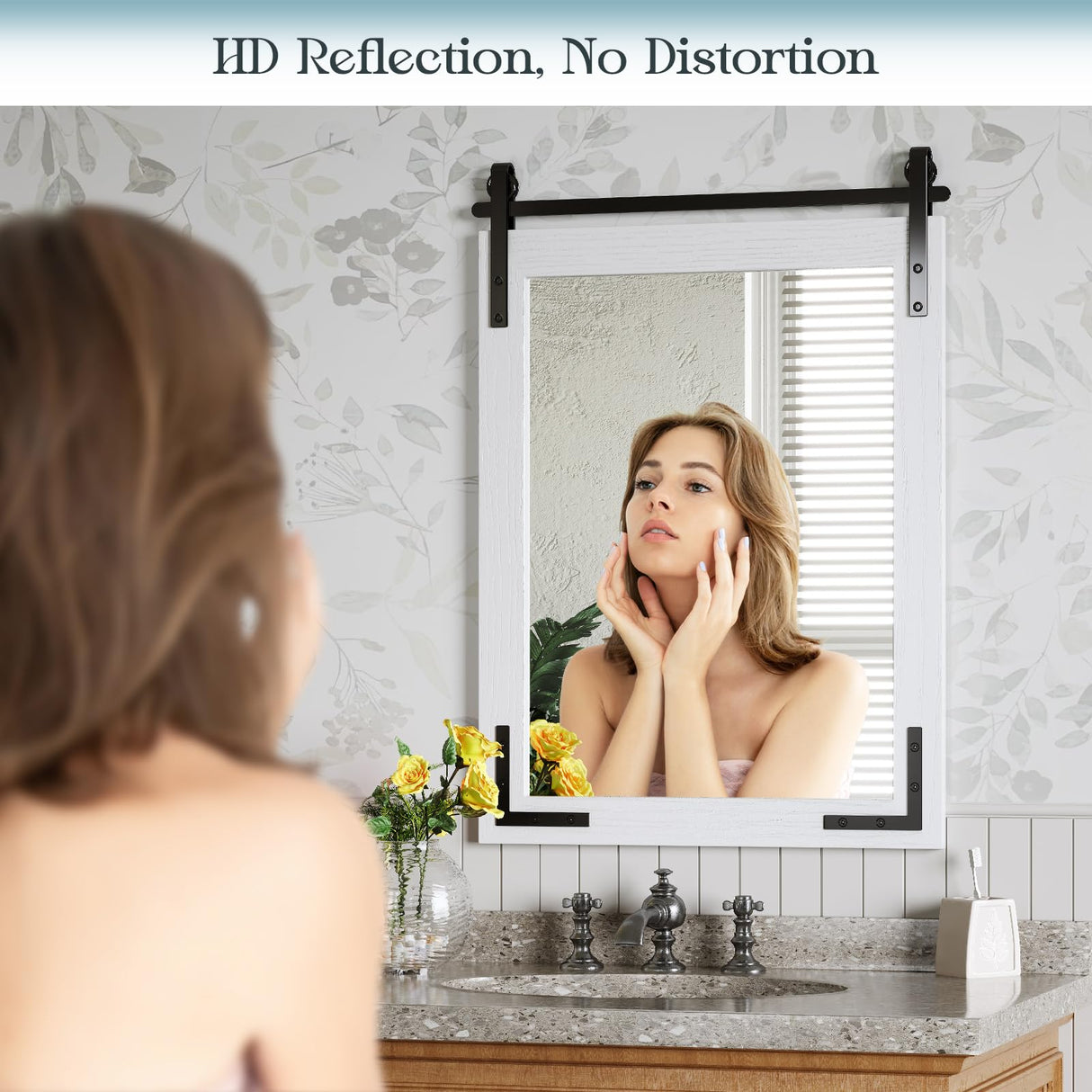 Mestikits Farmhouse Mirror 41x26 Inch, White Rustic Bathroom Mirror, Vanity Wood Framed Rectangular Wall Decor Mirrors for Entryway, Living Room, Bedroom Mestikits