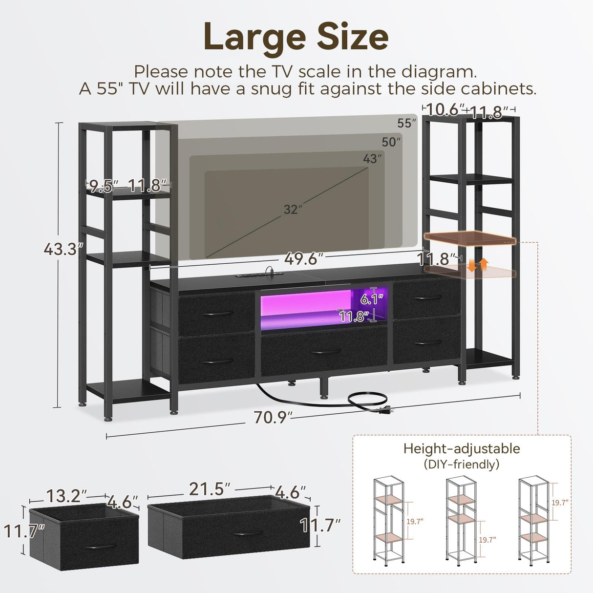 Casaottima 71" TV Stands for 43, 50, 55 Inch TV Entertainment Center with LED Lights and Power Outlets, TV Stand for Living Room with 5 Fabric Drawers & Shelf, TV Console Cabinet for Bedroom, Black Casaottima