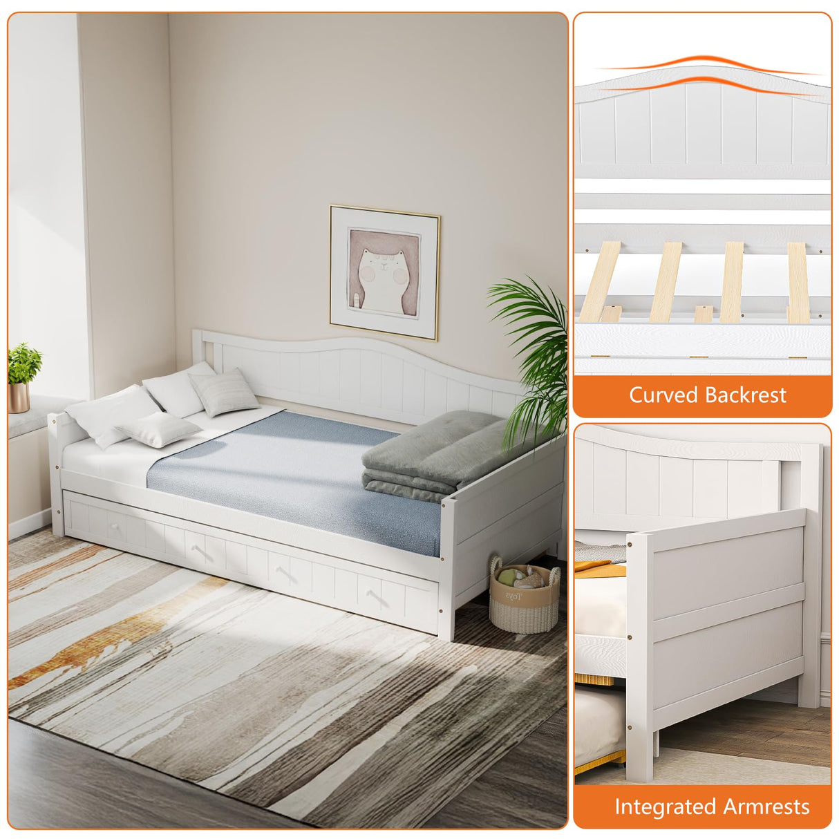 Sweetcrispy Twin Size Day Bed Frame with Trundle, Integrated Headboard & Armrests, Space-Saving Trundle Bed for Living Room, Bedroom, Guest Room, Sturdy Wood Construction for Adults and Kids, White Sweetcrispy