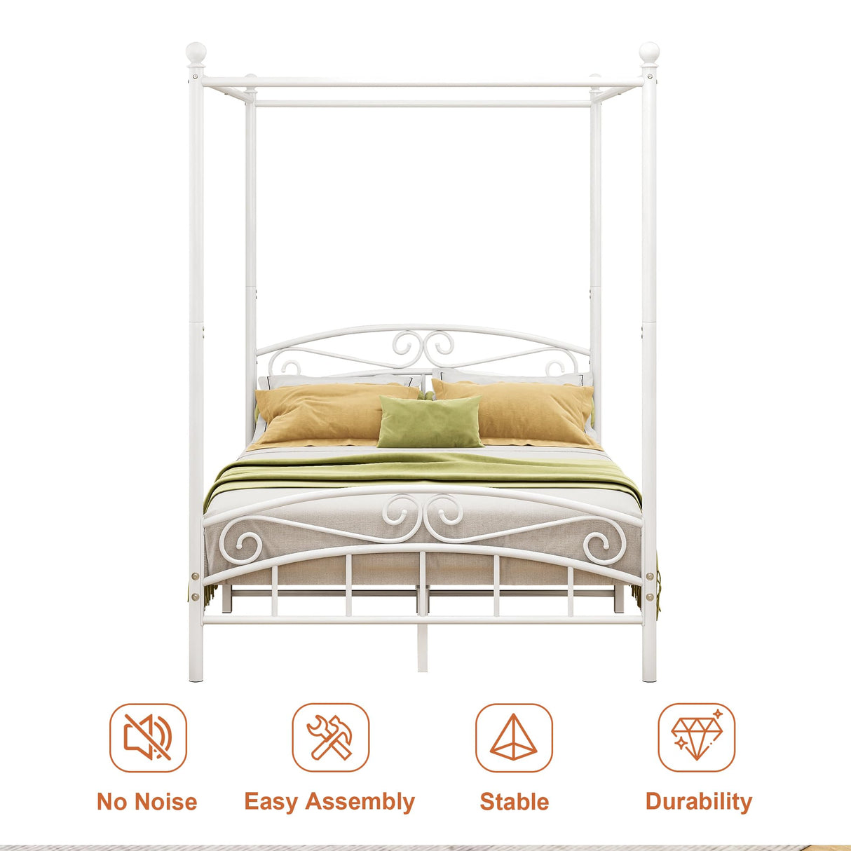 ARFARLY Full Size Bed Frame Four-Poster Metal Canopy Bed Frame Full with Headboard and Footboard Sturdy Slatted Structure No Box Spring Needed White ARFARLY