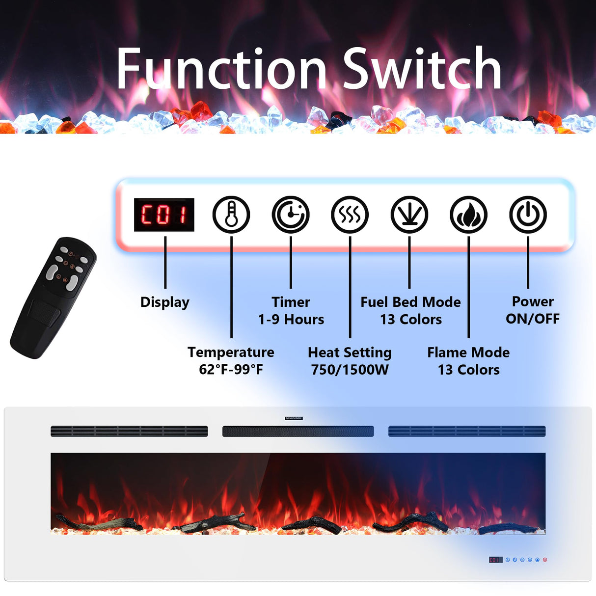Velaychimney Electric Fireplace, 48" Wall Mounted Electric Heater with/Thermostat, Adjustable Flame & Bed Color, Timer, Remote & Touch Screen Control, 750/1500W, Log/Crystal, White Velaychimney