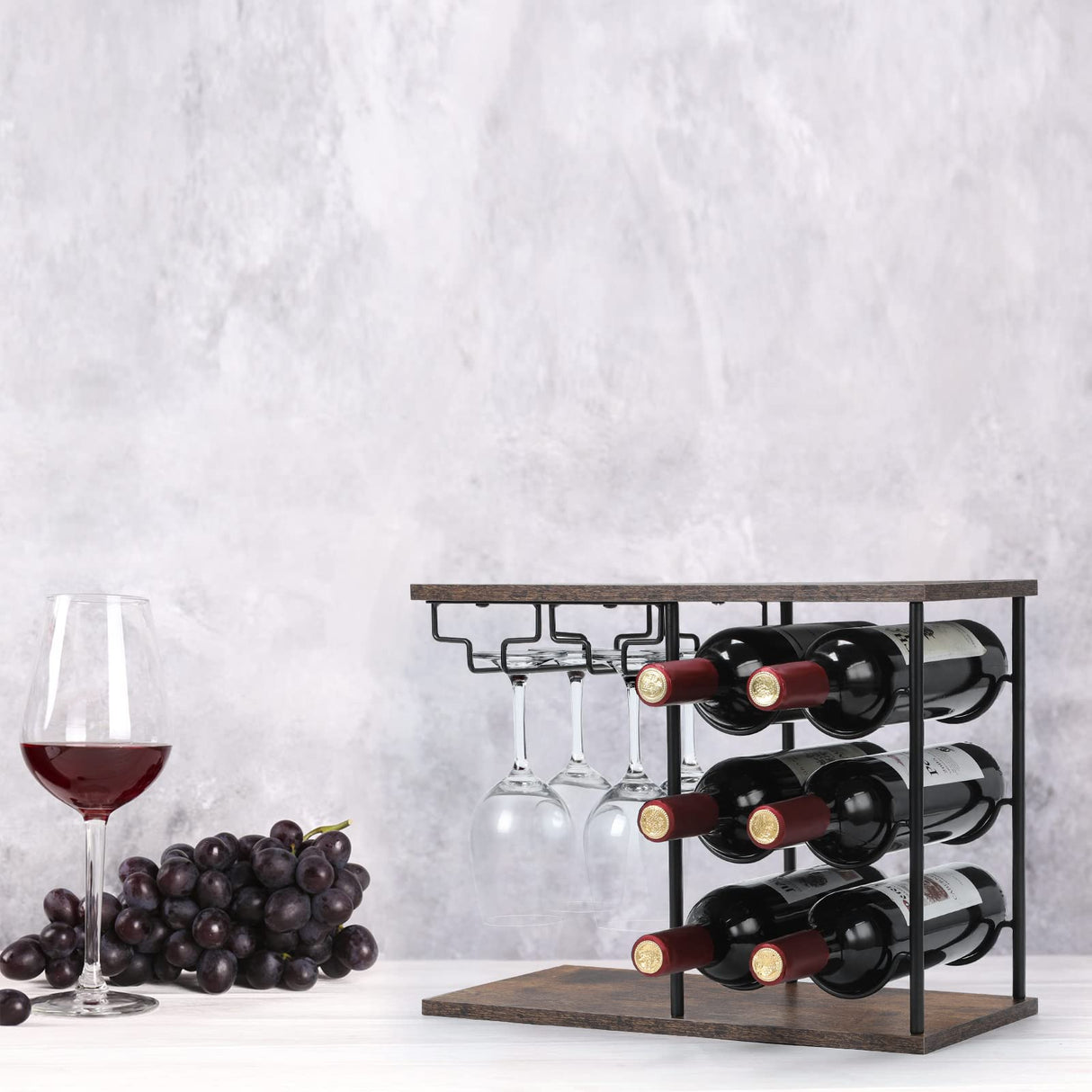 MOOACE Countertop Wine Rack, Hold 6 Wine Bottles and 4 Glasses Rack, Freestanding Wine Rack for Home, Kitchen, Bar Table, Wine Cellar, Cabinet MOOACE