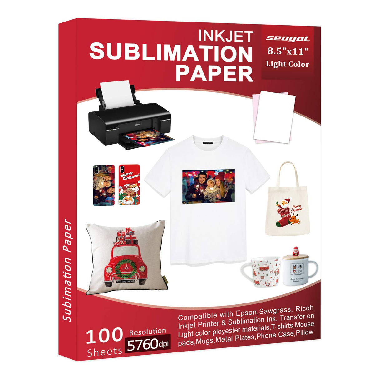 Sublimation Paper 100 Sheets 8.5 x 11 Inches 125gsm, for Any Inkjet Printer with Sublimation Ink Epson, Sawgrass, Heat Transfer Sublimation for Mugs T-shirts Light Fabric seogol