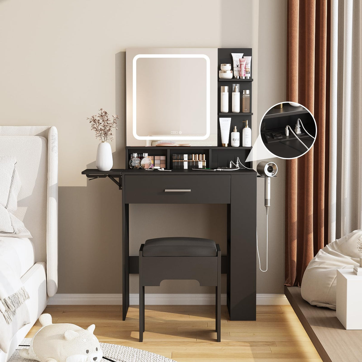 Fameill Vanity Desk with Mirror and Light, Small Vanity with Drawer & Shelves, Black Vanity with Charging Station & Time Display, Vanity Table with Storage Stool, Makeup Vanity for Bedroom Fameill