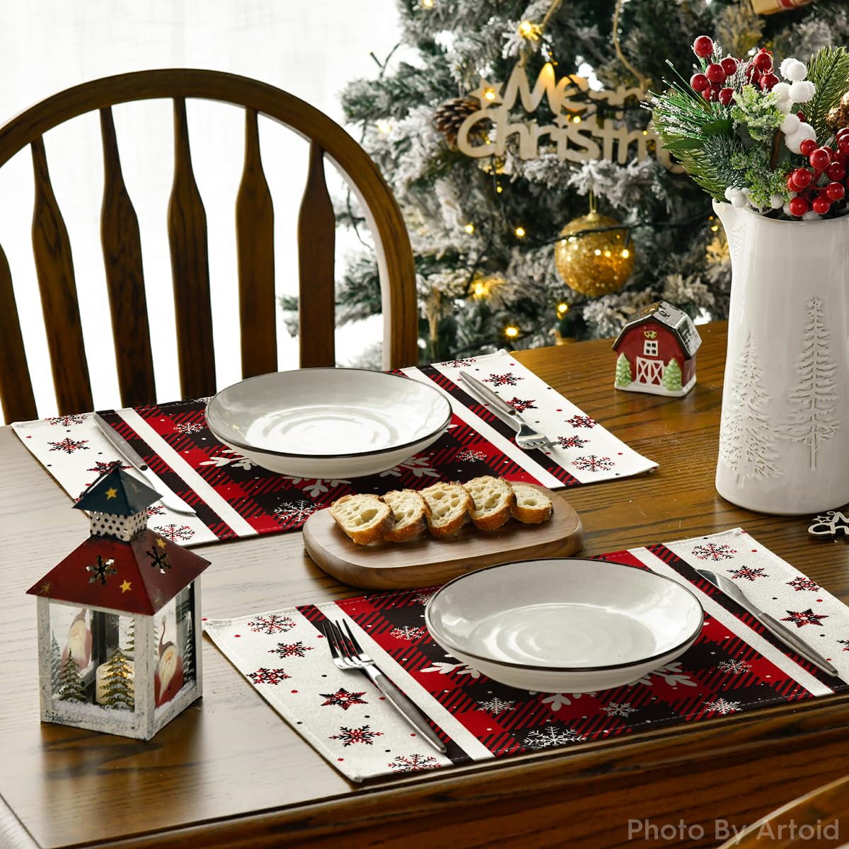 Artoid Mode Buffalo Plaid Snowflakes Winter Placemats Set of 4, 12x18 Inch Christmas Table Mats for Party Kitchen Dining Decoration Artoid Mode