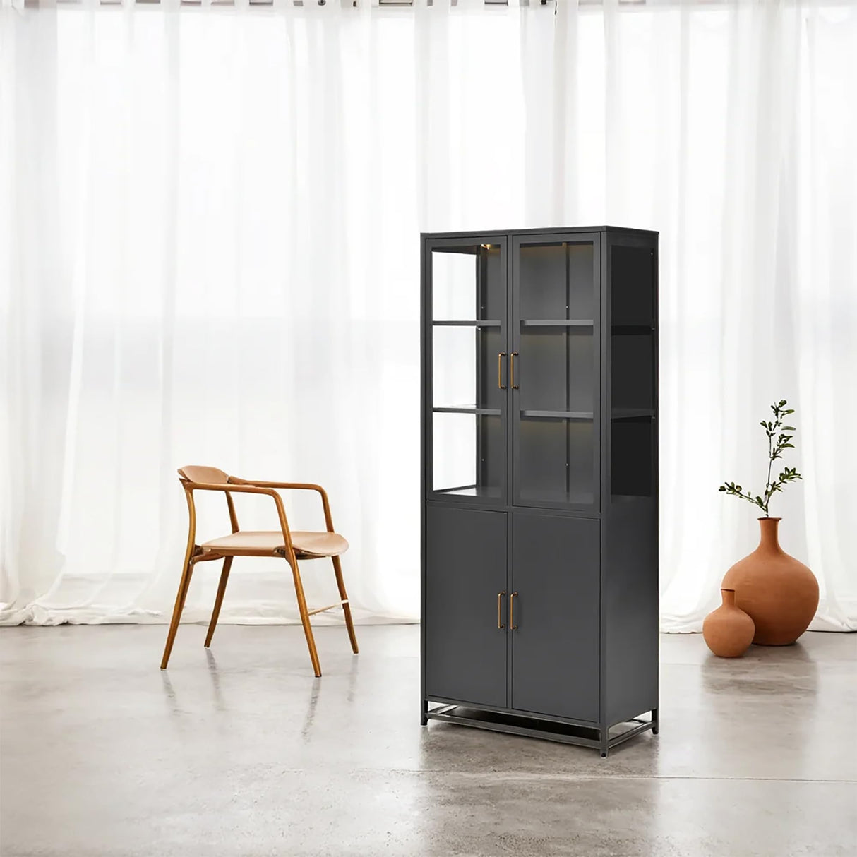 Virubi 76.75'' Tall Display Cabinet with Lights and Storage, Steel Curio Cabinet with Glass Doors, 3-Sided Glass, LED Lights for Hallways, Living Room, Kitchen, Home Decor and Office (Black) Virubi