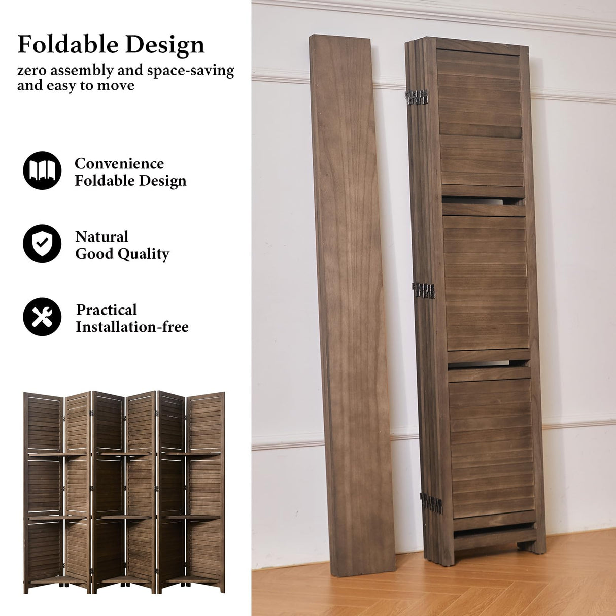 Room Divider with Shelves, 5.6 Ft Tall Folding Wood Screen with Double Hinges for Home Office Bedroom Hotel Decoration (6 Panels, Brown) Svimi