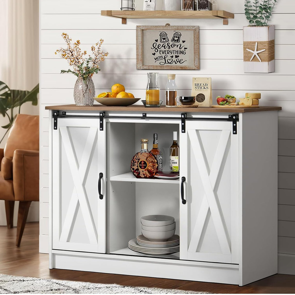 4 EVER WINNER Coffee Bar Cabinet with Sliding Barn Doors, 42” Farmhouse Coffee Station with Adjustable Shelves, Buffet Cabinet with Storage for Dining Room, White 4 EVER WINNER