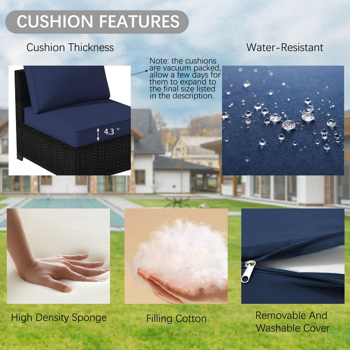 opemtdo Outdoor Patio Furniture Set 6 Pieces Patio Sectional Furniture Conversation Set Wicker Porch Couch Sofa Seat for Backyard Garden Poolside(Brown/Navy Blue) opemtdo