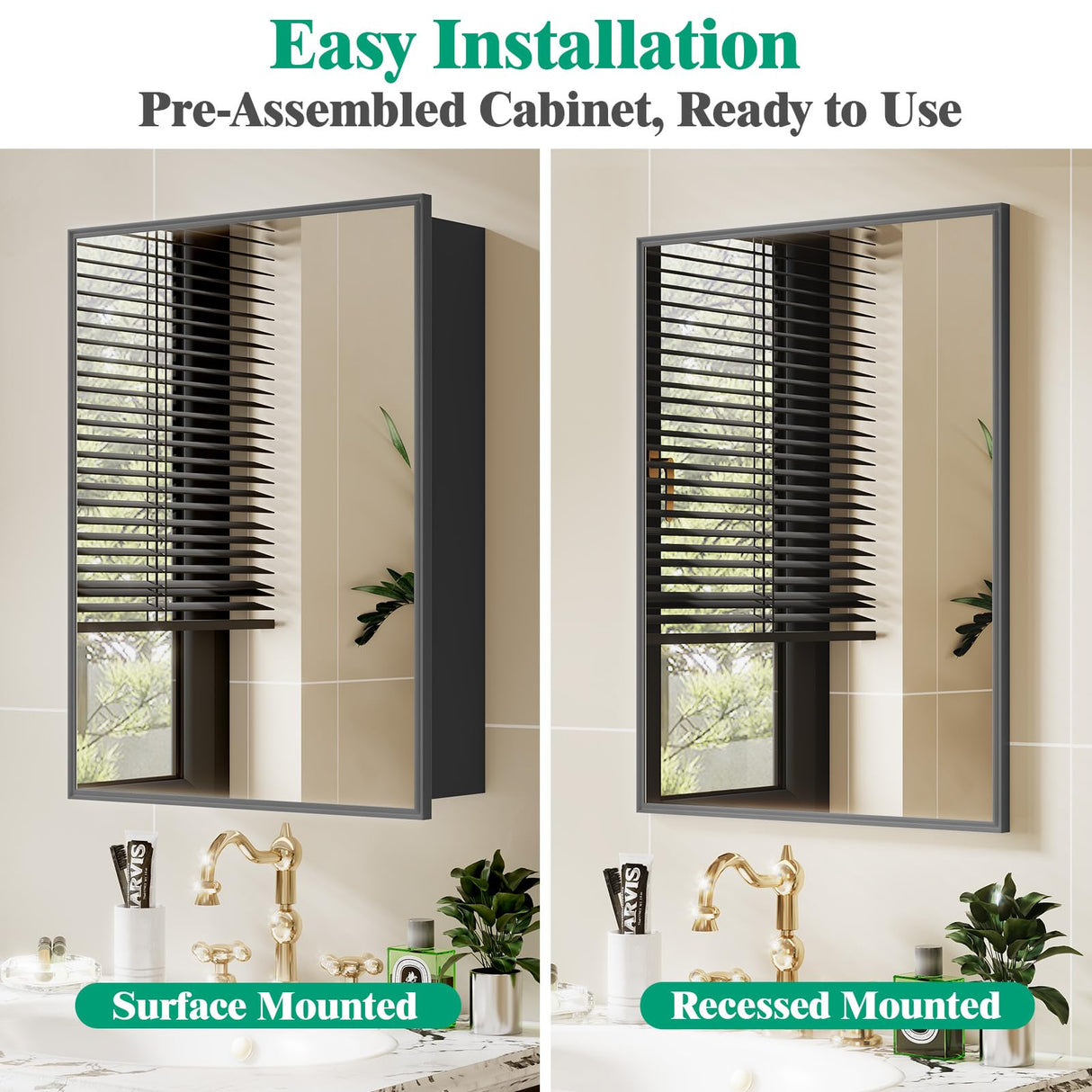 JBLCC Medicine Cabinet with Mirror (Full Assembled), 16''x22'' Aluminum Bathroom Mirror with Storage, Wall Mounted or Recessed Medicine Cabinet, Black JBLCC