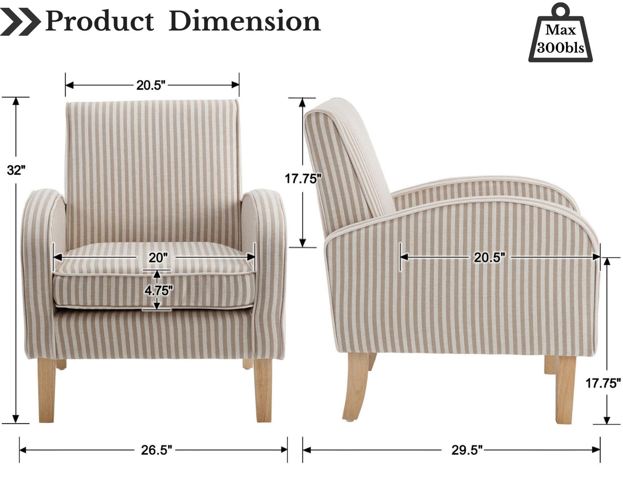 Farmhouse Striped Accent Chair for Living Room Set of 1, Linen Fabric Modern Comfy Armchairs with Cushion, Upholstered Striped Reading Chairs for Bedroom Couch Chair with Wood Legs, Khaki LIVINOVA