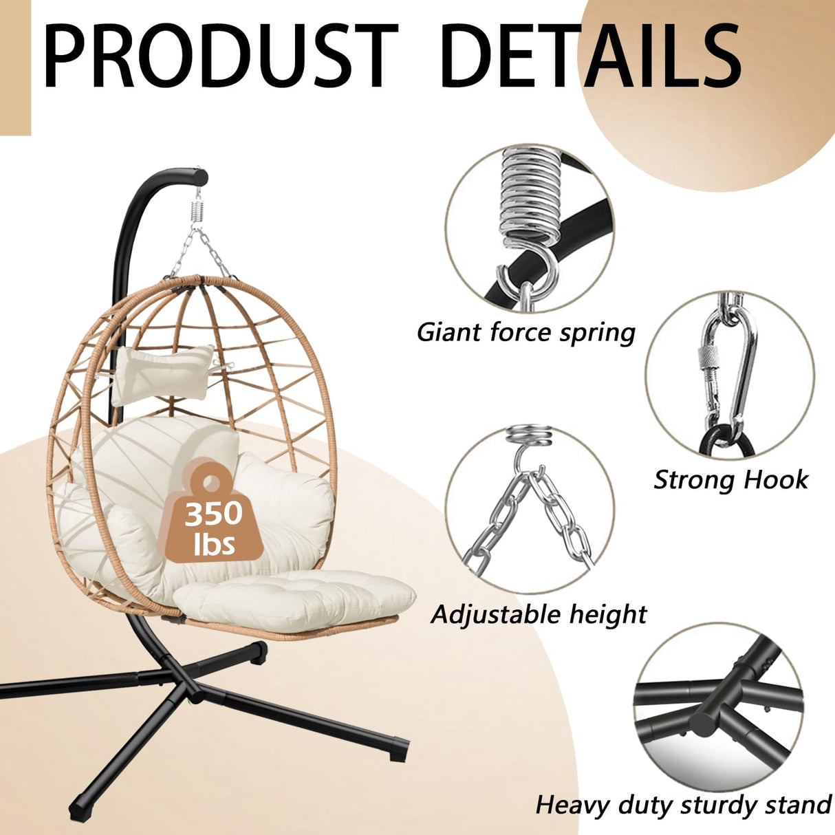 Indoor Outdoor Hanging Egg Chair with Stand & Leg Rest – Heavy-Duty Steel Frame, Handwoven Rattan Swing Chair for Patio, Garden, Bedroom – 350 lbs Capacity, Ergonomic Design (White) Nevsokio
