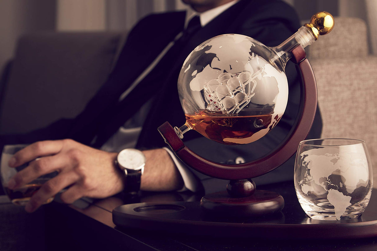 Whiskey Decanter Globe Set with 2 Etched Whiskey Glasses - for Liquor Scotch Bourbon Vodka, Gifts For Men - 850ml Godinger