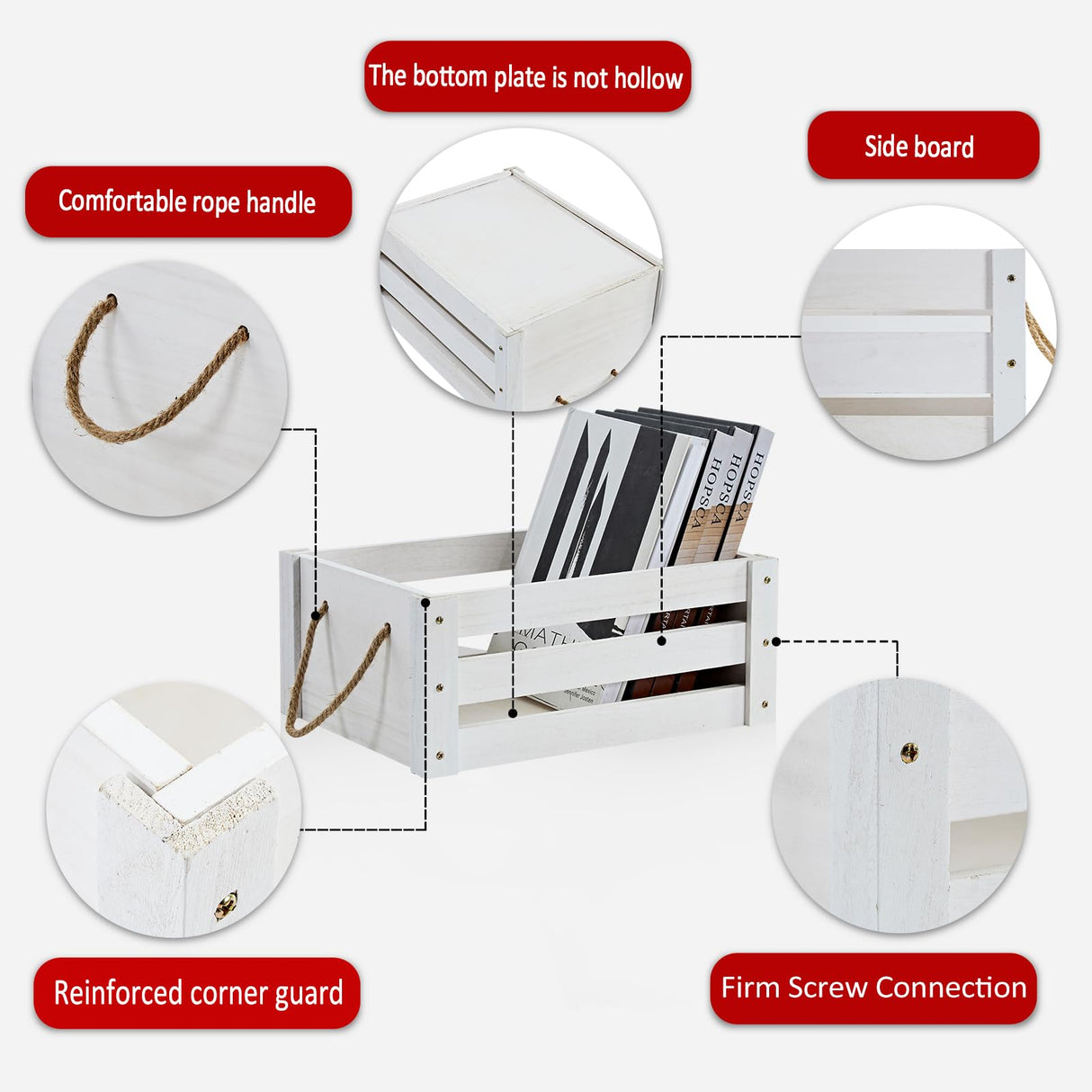 ROSOS Wooden Crates, Farmhouse Wood Crates for Storage with Rope Handles, Solid Wooden Crates for Display, Durable Wooden Crate Box, Handmade Wooden Box, Wooden Crates for Decor, White Crate, 2 Pack ROSOS