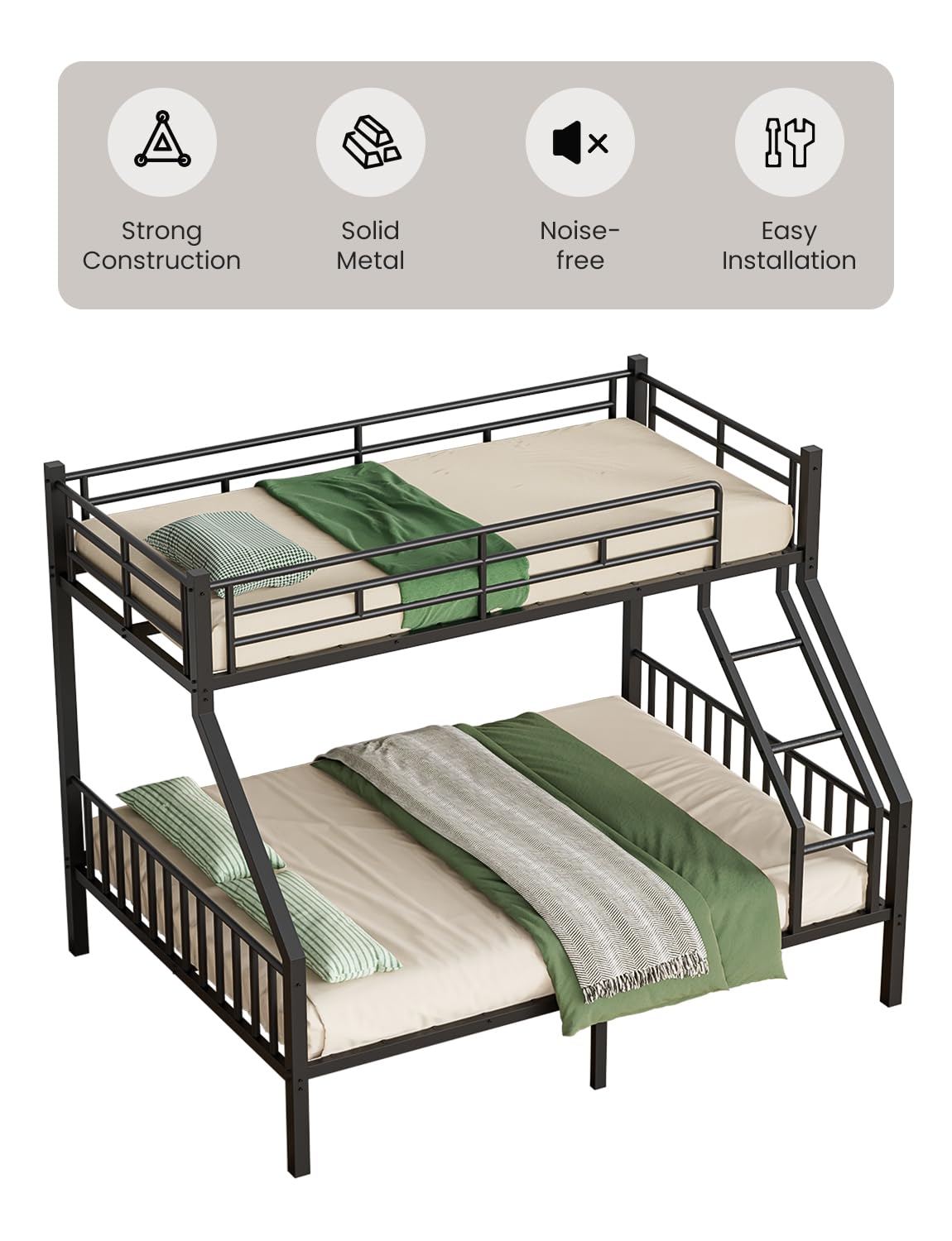 Feetice Twin XL Over Queen Bunk Bed for Adults, Heavy Duty Metal Bunk Beds with Safety Guardrails & EVA Padded Ladder, Twin XL Over Queen Bunk Beds Frame with Noise-Free Slats, Space-Saving(Black) Feetice