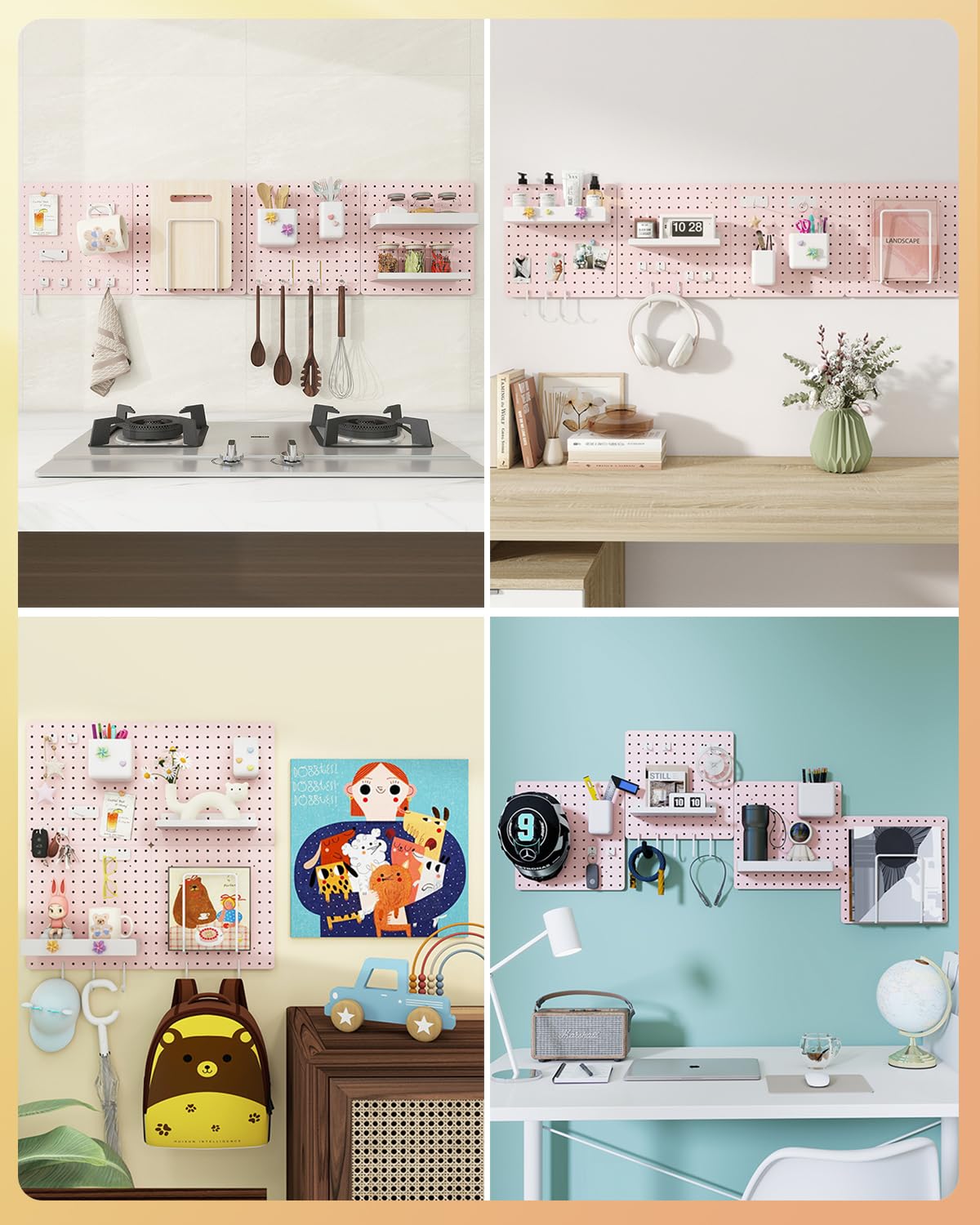 Soubeoii Metal Pegboard Combination Kit — 4 Carbon Steel Pegboards with 26 Accessories, Pegboard Wall Organizer for Home, Office, Study Room, Kitchen, Garage & Craft Room — 24″ × 24″ Pink Peg Board Soubeoii