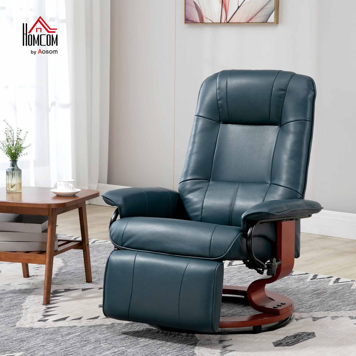 HOMCOM Faux Leather Manual Recliner, Adjustable Swivel Lounge Chair with Footrest, Armrest and Wrapped Wood Base for Living Room, Blue HOMCOM