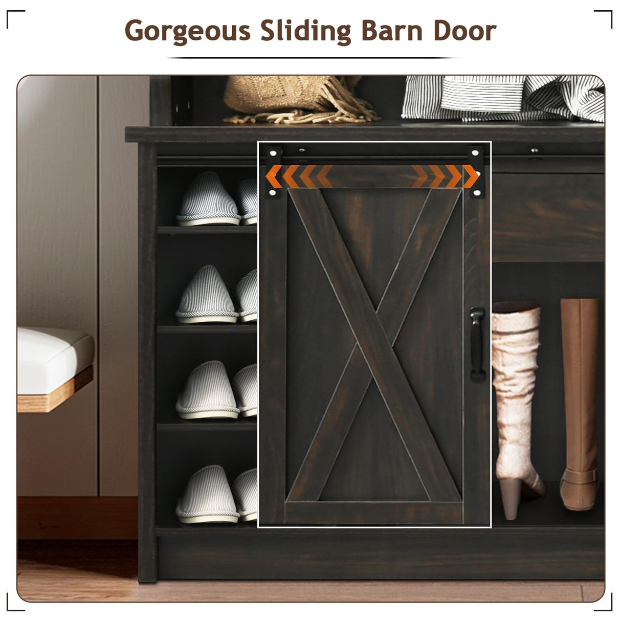 4ever2buy Farmhouse Hall Tree with Storage, 42 Inch Wide Entryway Bench with 2 Sliding Barn Doors, Brown Tall Hall Tree with Coat Rack & Shoe Storage for Living Room 4ever2buy