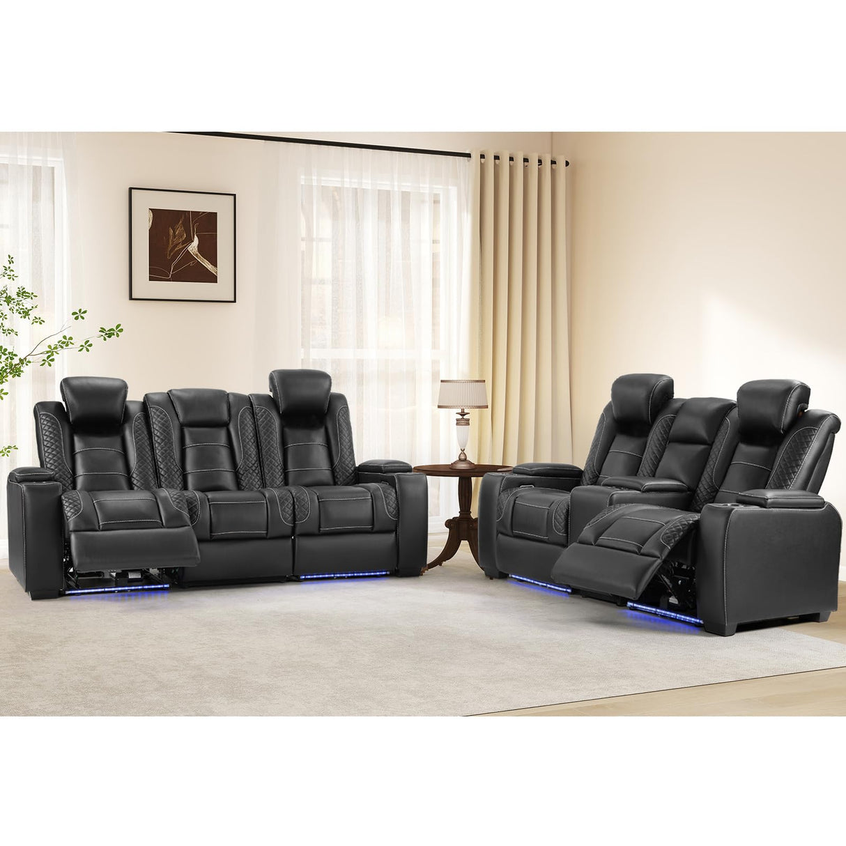 ANJ Modular Power Recliner Set: 5-Seat Home Theater Seating with 2 Loveseats (Center Console & Fixed Middle), LED Lights, USB Charging, Faux Leather for Living Room (Black) ANJ