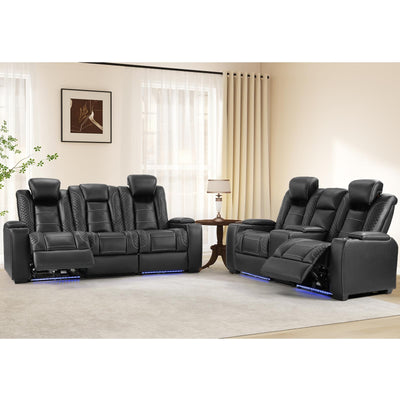 ANJ Modular Power Recliner Set: 5-Seat Home Theater Seating with 2 Loveseats (Center Console & Fixed Middle), LED Lights, USB Charging, Faux Leather for Living Room (Black)