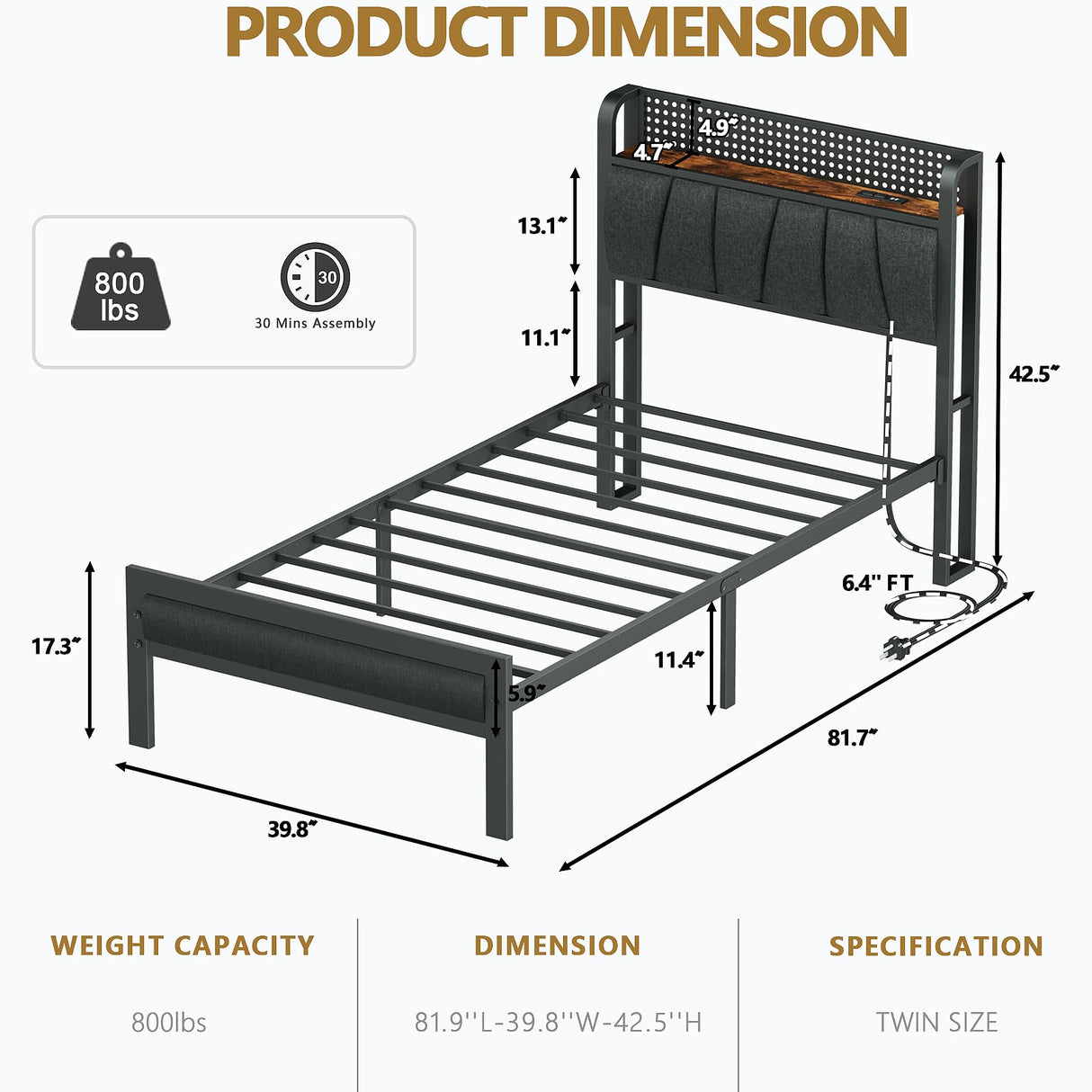 Furnulem Twin Size Bed Frame with LED Lighting, Charging Station, and Upholstered Storage Headboard in Grey Furnulem