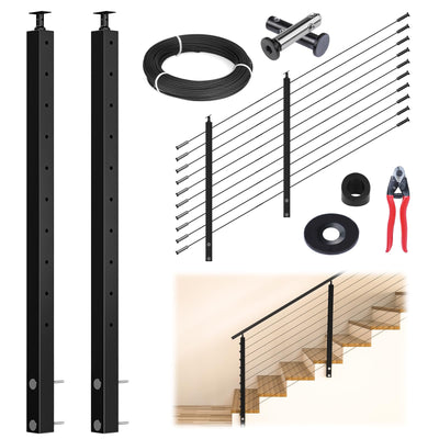 Muzata 5ft-10ft Cable Railing Kit 36" 2PACK Black Side Mount Stair Posts PF01 with 150ft 1/8 Stainless Steel Wire Rope WR19 Cable Railing System DIY Kit (No Handrail), RWF1 BA4S