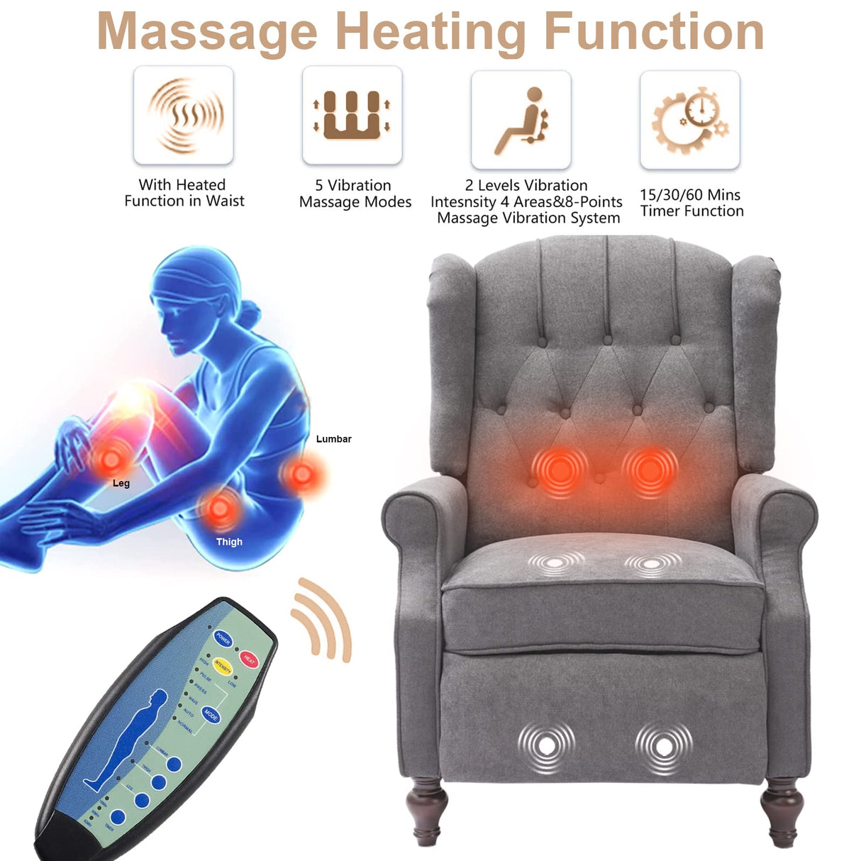 IPKIG Wingback Pushback Recliner Chair - Mid Century Recliner Armchair with Massage and Heat, Rivet Decoration, Button-Tufted Back, Solid Wood Legs for Living Room, Bedroom, Office(Grey) IPKIG