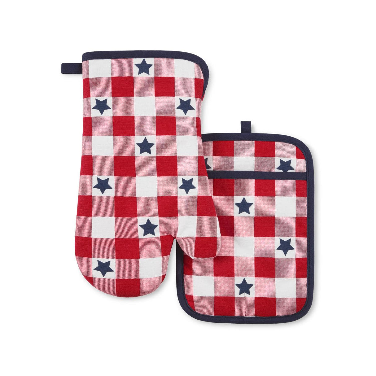 MARTHA STEWART Americana Star Gihgham Oven Mitt & Pot Holder Set, 100% Cotton, Heat Resistant, Patriotic USA America Decor, Red/White/Blue, 7"x13" & 7"x10" Martha Stewart