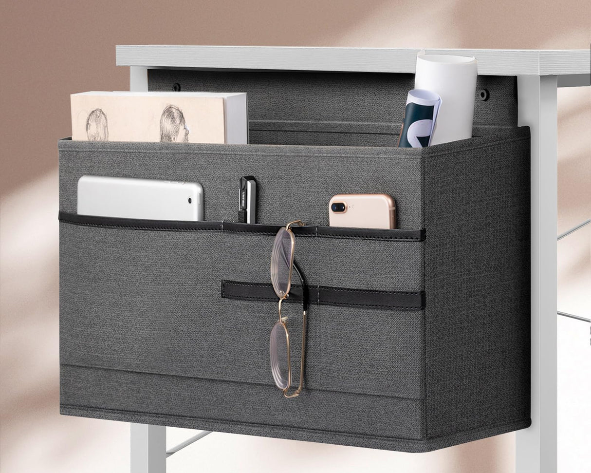 KKL Small Desk with Power Outlets and USB Port Computer Desk for Home Office Gaming Simple Modern Style Writing Desks with Storage Bag Headphone Hook, 40 inch, White KKL