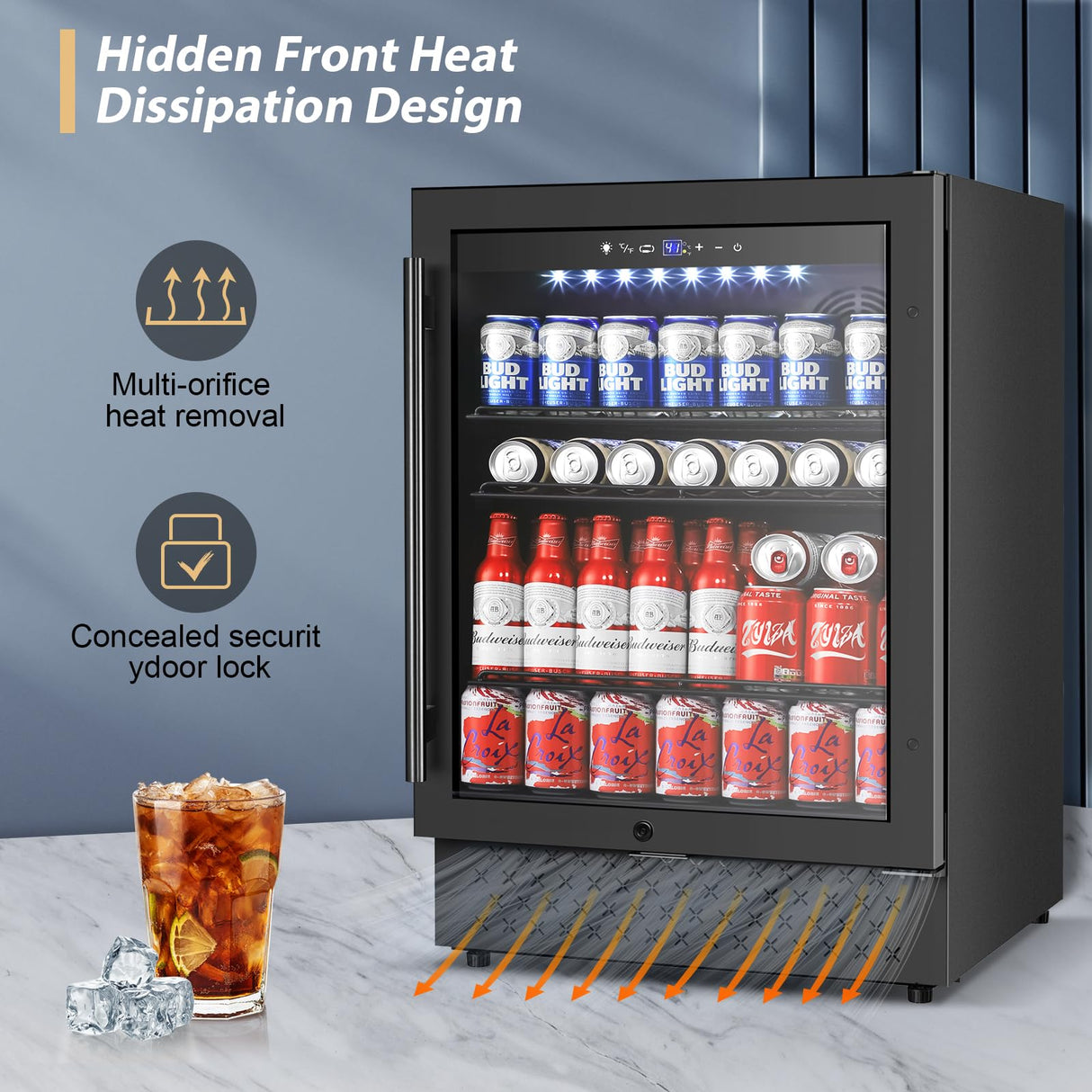 Tylza Beverage Refrigerator 24 Inch, Under Counter/Freestanding Drink Fridge, 190 Cans Beverage Cooler with Glass Door, Reversible Door, Low Noise, Quick Cooling - for Beer, Soda, ETC, Black Tylza