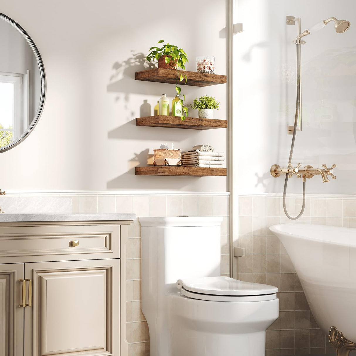 RALGEND Floating Shelves for Wall, 1.5" Thick Wall Shelf Set of 3 with Invisible Brackets, 15.7L x 7.9W Hanging Shelves Farmhouse Home Decor for Bathroom, Living Room, Bedroom, Kitchen, Rustic Brown RALGEND