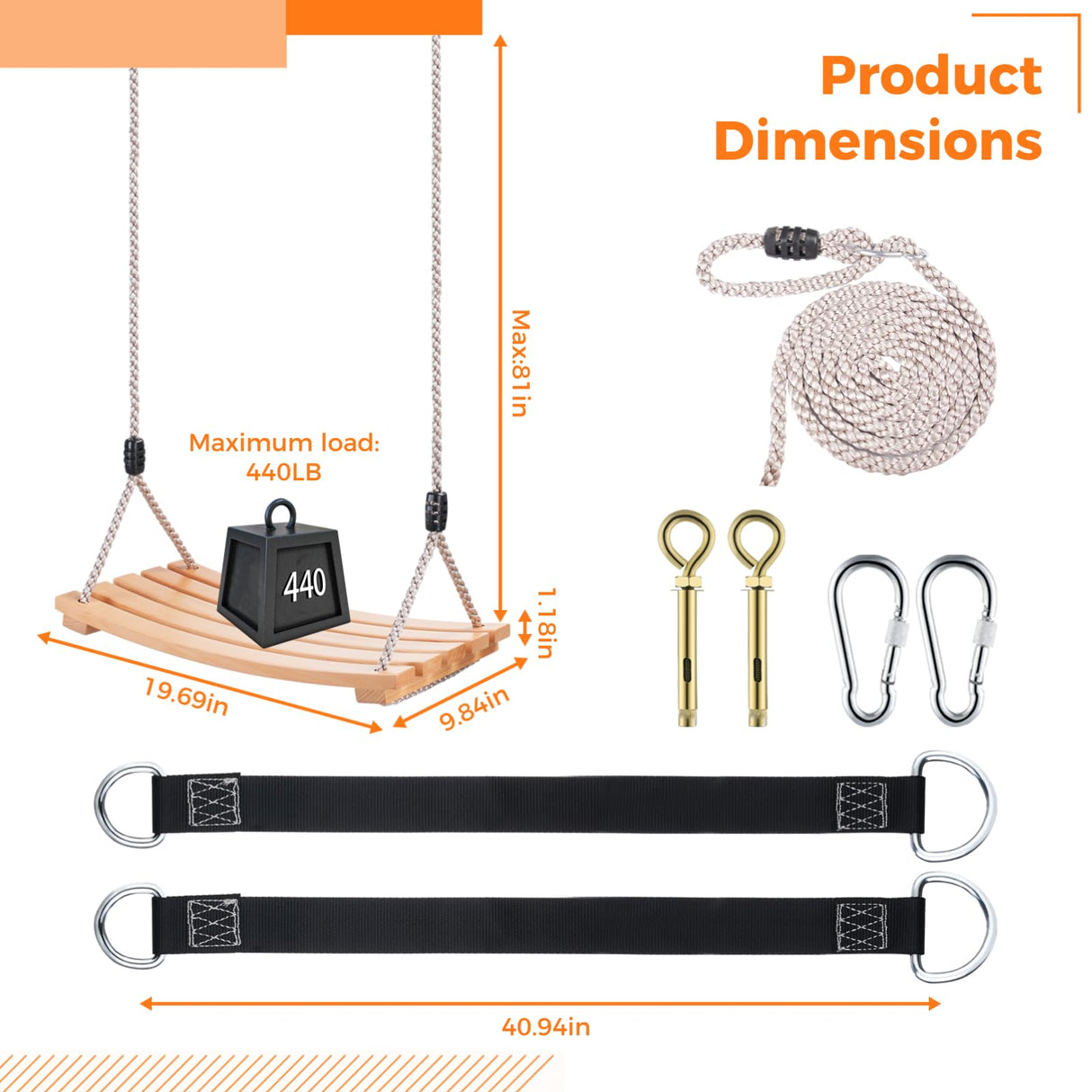 Wooden Tree Swing,Wooden Swing for Adults/Kids with 500lbs Load Capacity,Adjustable Hemp Rope Plus Tree Straps 100 inch, Hanging Wooden Swing for Indoor, Outdoor, Garden,Yard,Backyard (Curved Wooden) GEKMOR