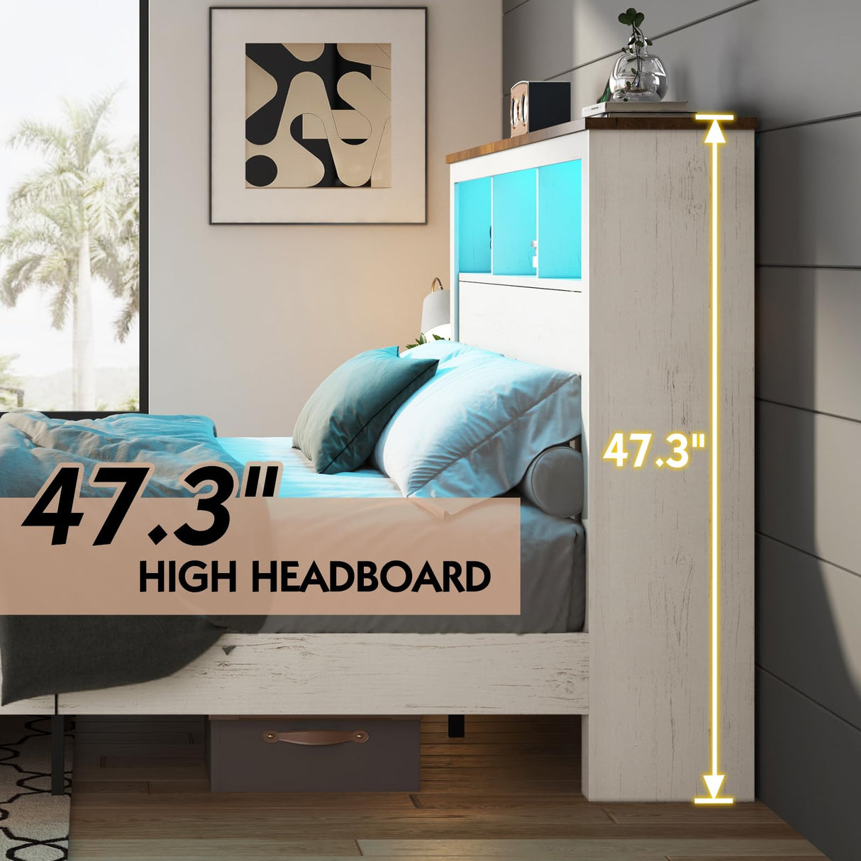 LUXOAK Queen Size Bed Frame with Bookcase Storage Headboard & Footboard, Farmhouse Wood Platform Bed with LED Light & Charging Station, No Box Spring Needed, White LUXOAK