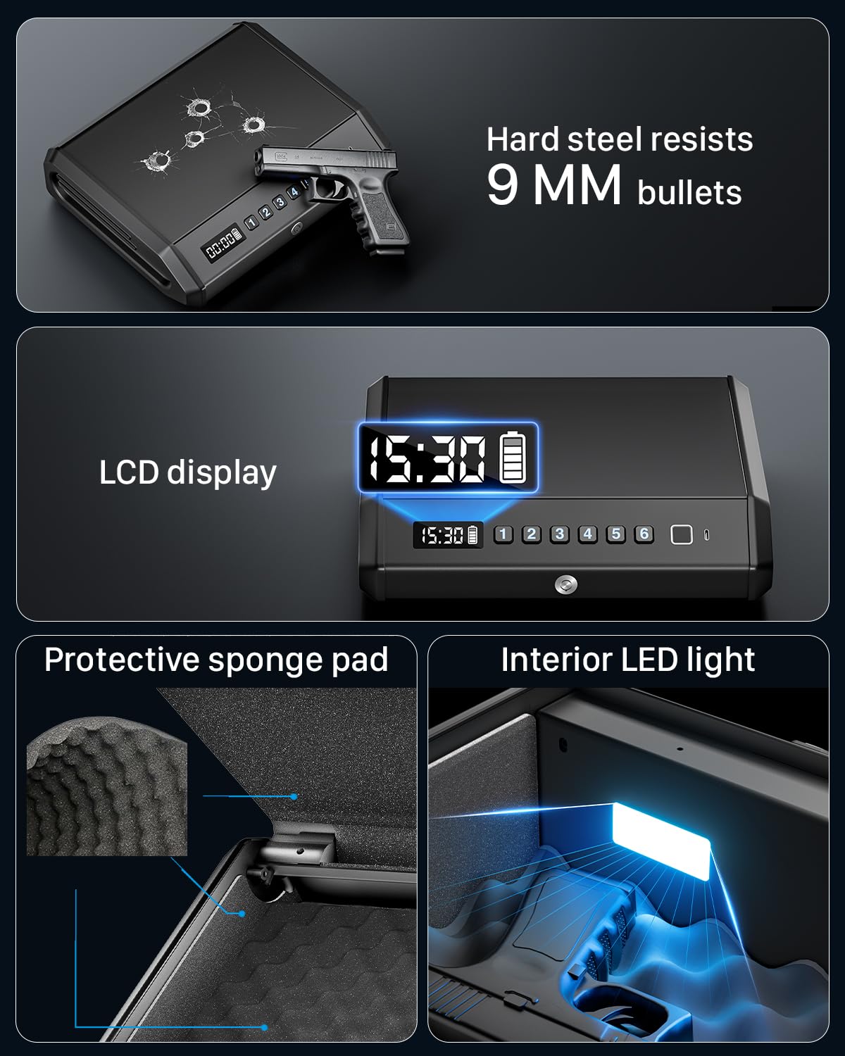 TOPMEDA Large Biometric Gun Safe fits 4 Pistols, 100 Sets of Fingerprint Handgun Safe with Internal Light & Silent Mode, Gun Lock Box for Home Bedroom Bedside Nightstand and Car TOPMEDA