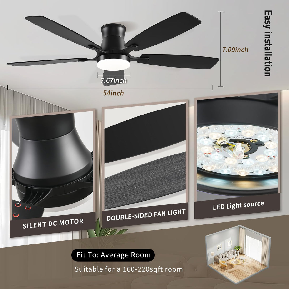 FUMLTP 54inch Ceiling fans with Lights, Low Profile RGB Ceiling fan with Light and Remote/App Control, Dimmable, DC Reversible Motor, Noiseless, 6 Speeds, Black Ceiling Fan For Bedroom Indoor Outdoor FUMLTP