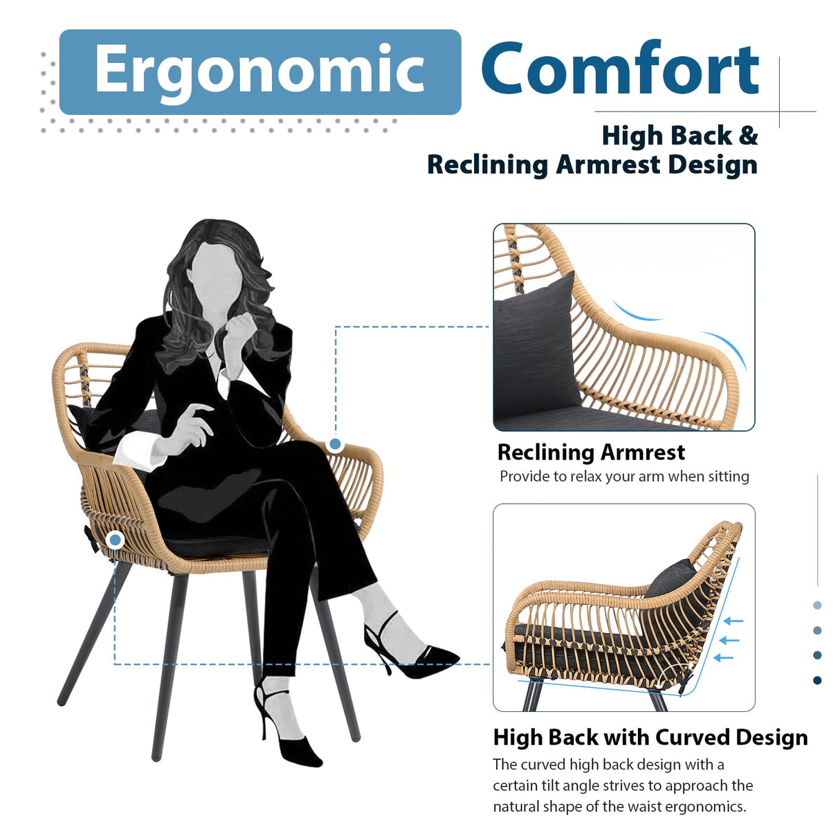 JOIVI Outdoor Patio Wicker Chairs Set of 2, Rattan Dining Chairs with Cushion and Armrest, Porch Chairs Outdoor Seating with Iron Frame, Balcony Furniture for Apartments, Lawn, Backyard, Garden, Black JOIVI