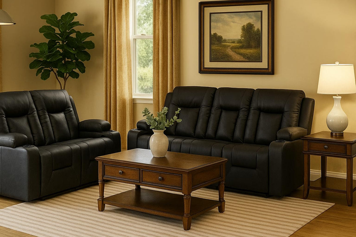 LUCKLIFE Leather Recliner Sofa Set with Manual Recliners,Living Room Furniture Set with Reclining Couch,Loveseat and Armchair,Living Room Chair with Cup Holders,Black (3+2) LUCKLIFE