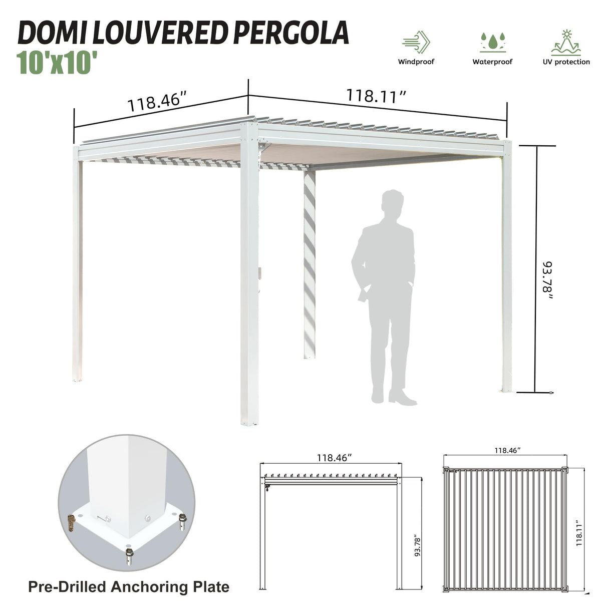 Domi Louvered Pergola 10X10FT, Aluminum Pergola with Adjustable Louvered Roof and Drainage Gutter, Outdoor Pergola Gazebo for Patio, Backyard, Deck, White domi outdoor living